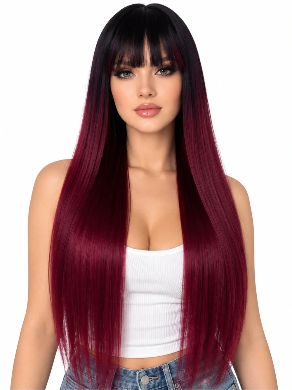 Long Straight Wig with Blunt Bangs - Burgundy Ombre 26 inches long